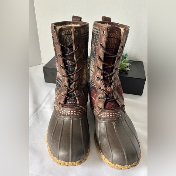 L.L. BEAN PLAID SHEARLING LINED LACE UP DUCK BOOTS LEATHER UPPER SZ 8M - Picture 2 of 13